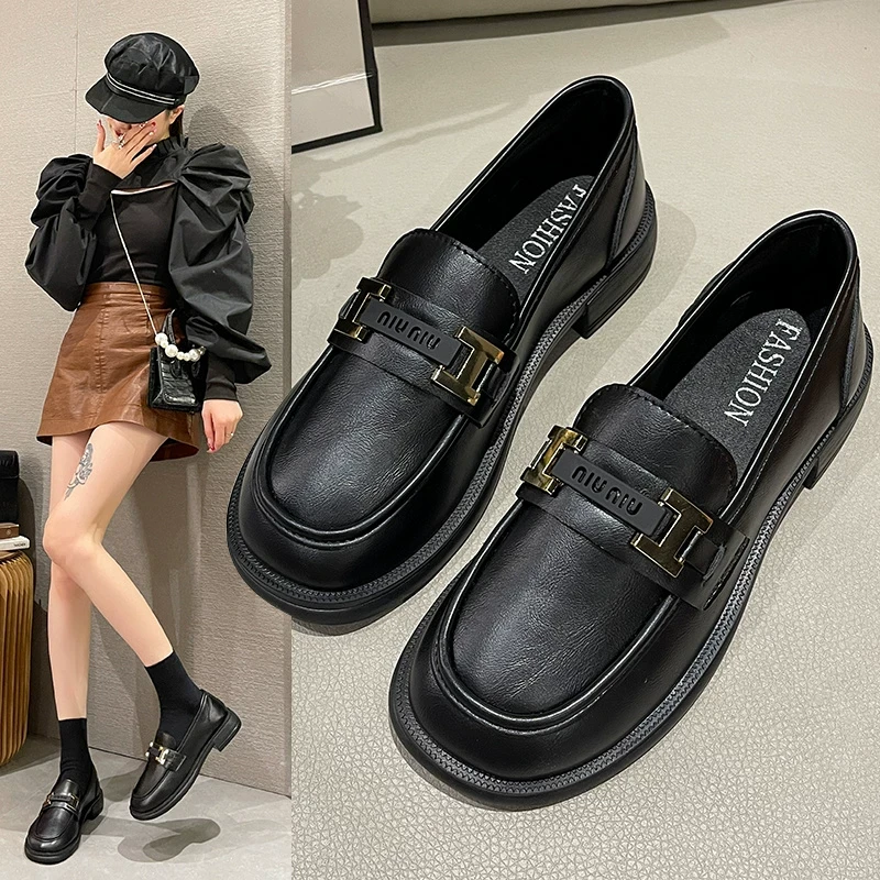 女鞋英伦风小皮鞋2025新款平底真皮乐福鞋一脚蹬黑色上班工作单鞋