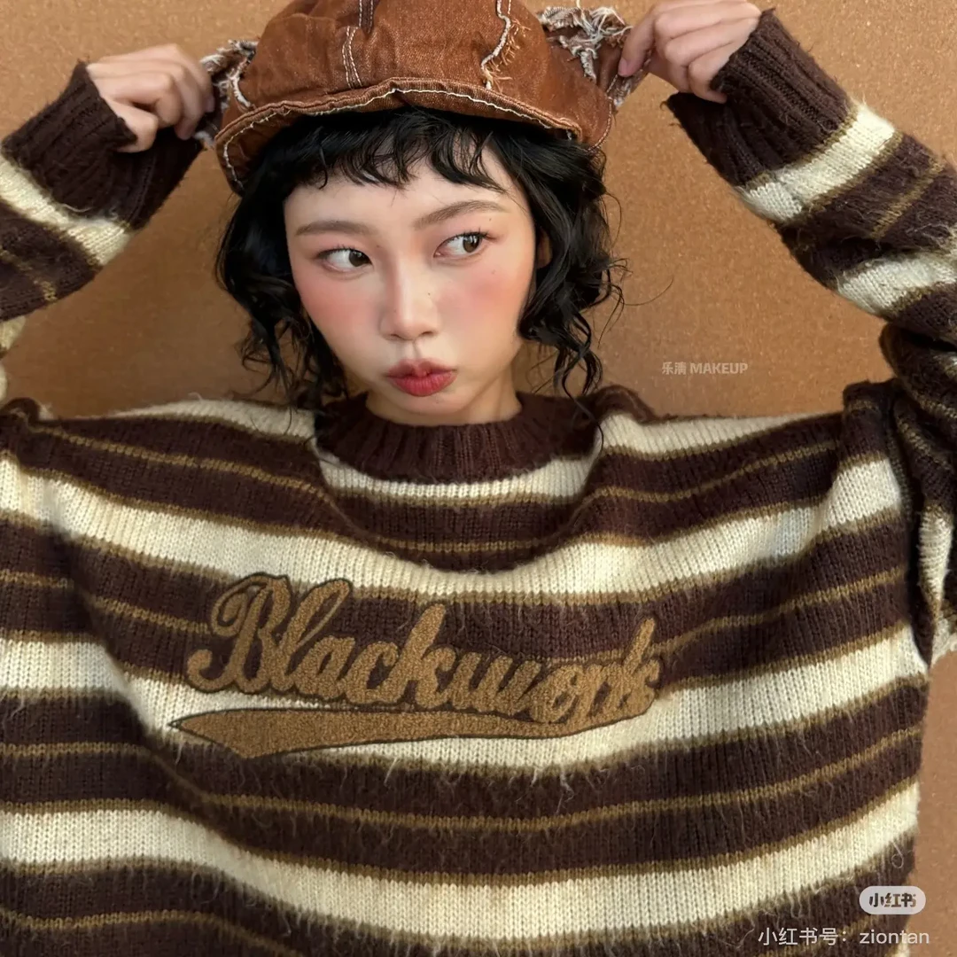 秋冬美式条纹宽松圆领情侣针织毛衣 男女同款学院风复古百搭6127