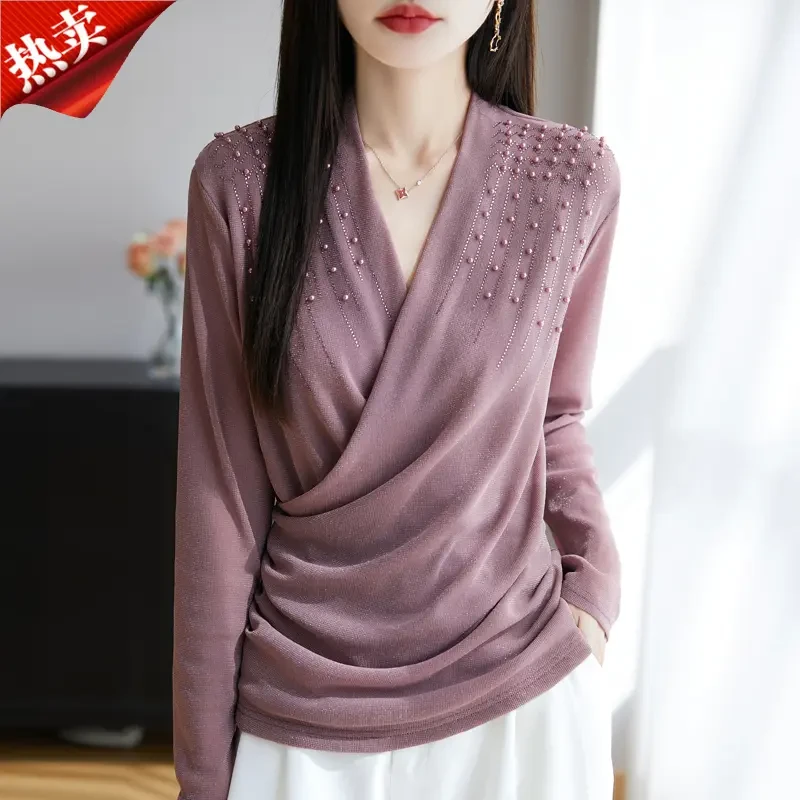 MMYS品牌时尚烫钻钉珠网纱透视V领上衣女优雅气质蕾丝薄款小衫
