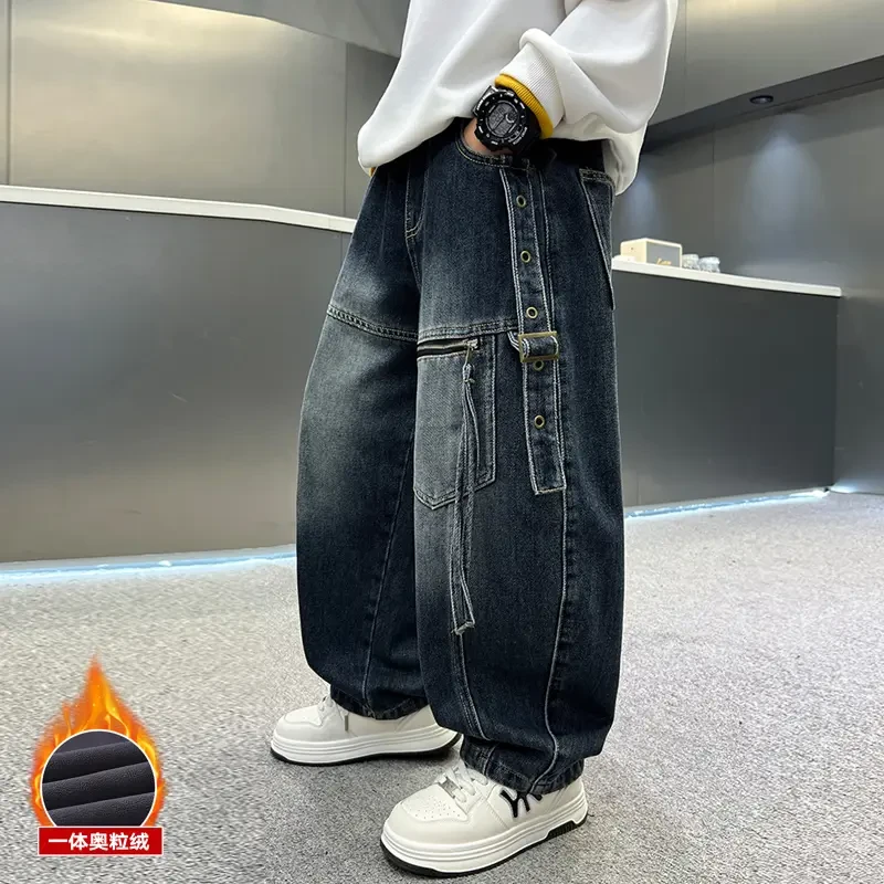 儿童装男童加绒裤子秋冬2025新款中大童男孩冬装牛仔裤加厚保暖潮