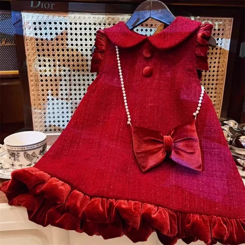 女童连衣裙秋冬红色喜庆新年公主裙周岁女宝宝高级礼服加绒背心裙
