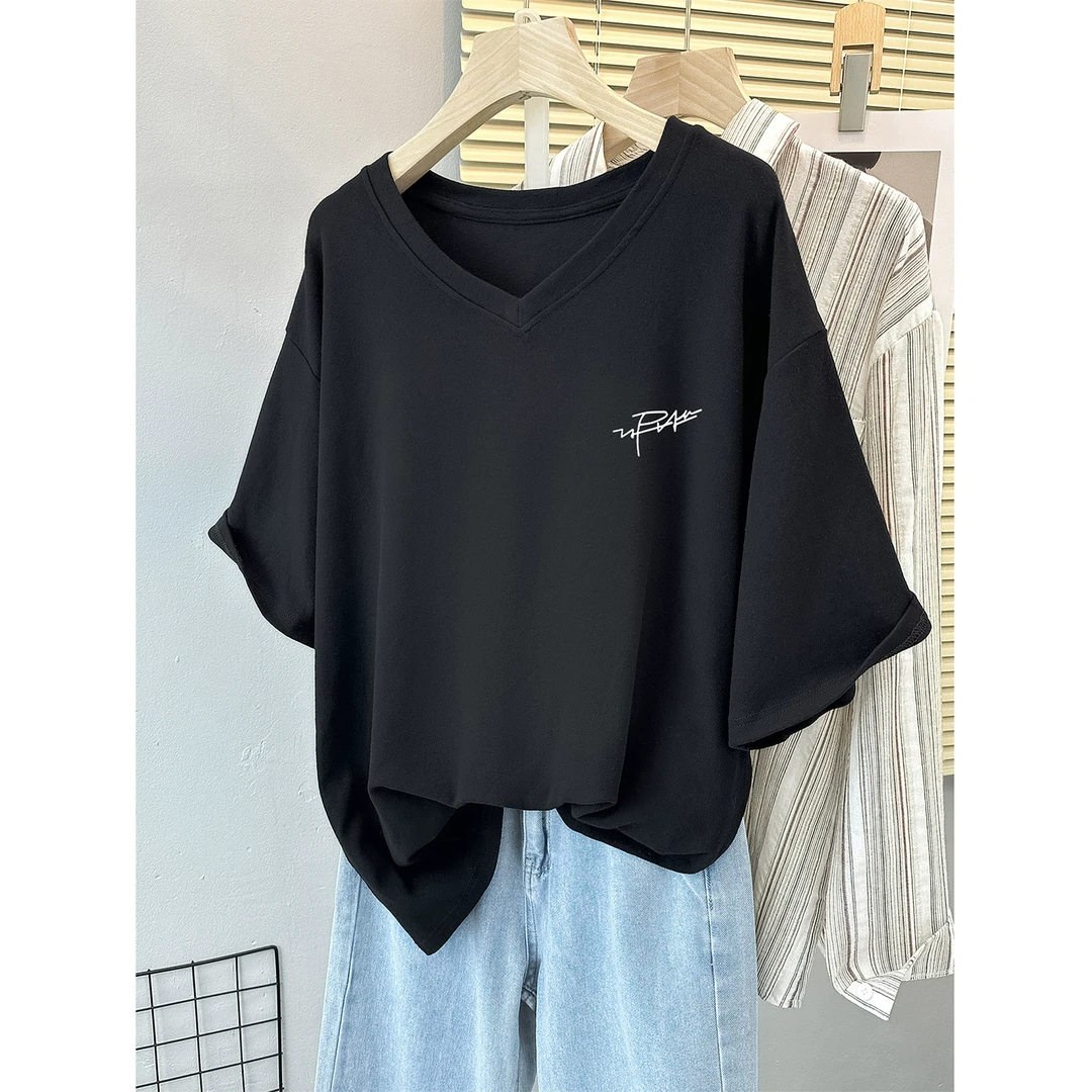 夏季韩系短袖t恤女2025新款宽松300斤大码ins潮胖mm显瘦V领上衣服