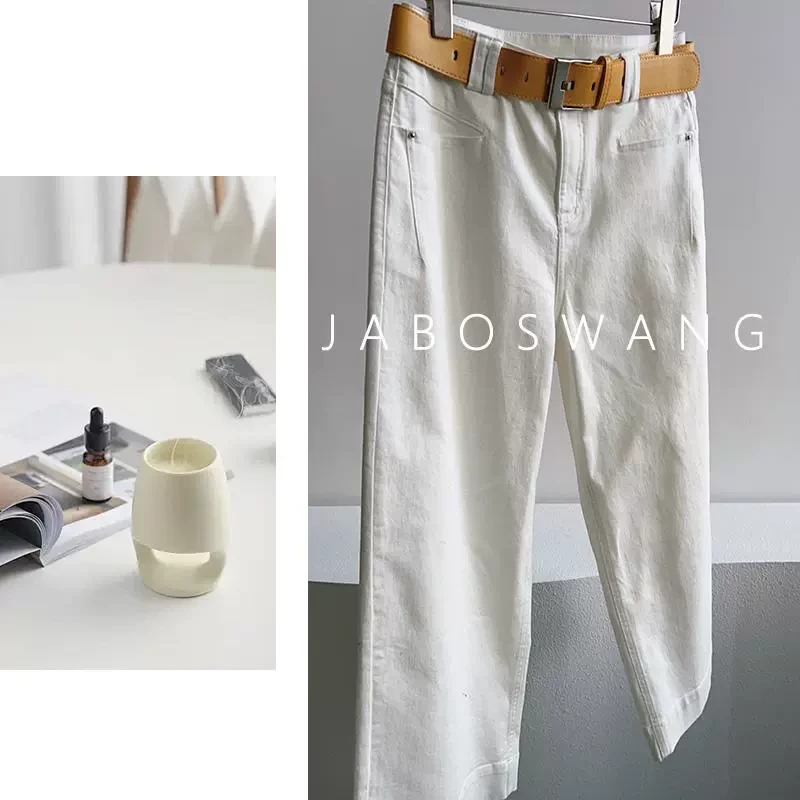 K140小恶魔白色牛仔裤高腰显瘦弹力法棍裤九分直筒裤