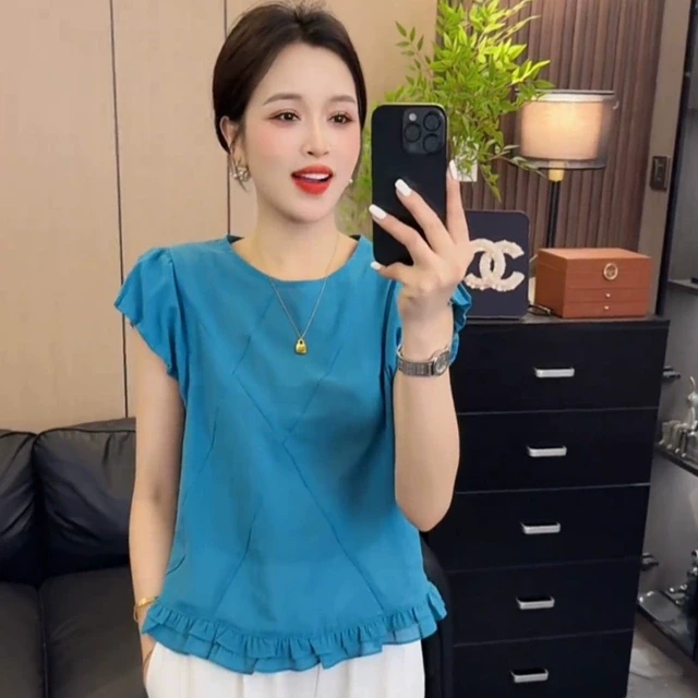 法式荷叶边减龄短袖衬衫上衣女2025夏季新款纯色时尚休闲显瘦小衫