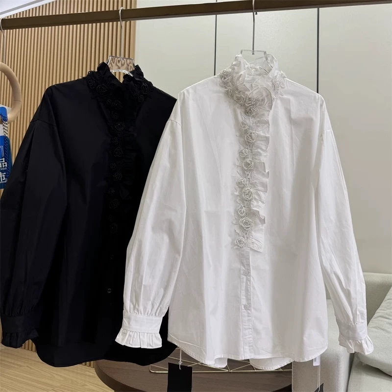 网红同款2025年春装新款立体花朵木耳花边宽松长袖衬衫女立领衬衣