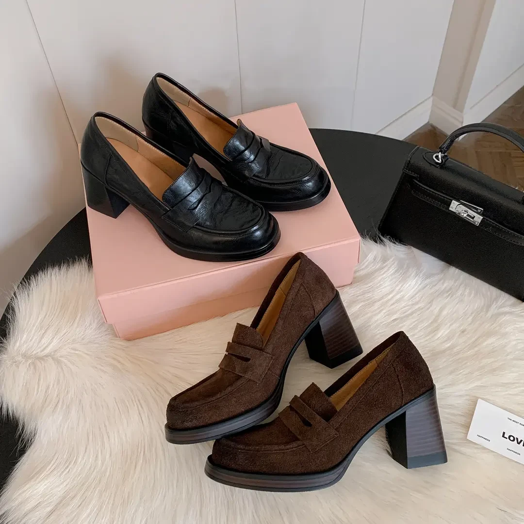 牛皮版~逆天大长腿～粗跟手抓皮百搭复古高级感一蹬单鞋乐福鞋女