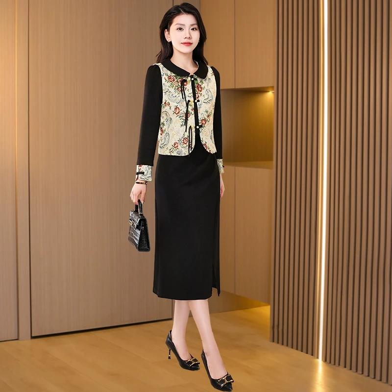 新中式国风马甲加厚两件套连衣裙女2025春秋冬新款小个子新年套装