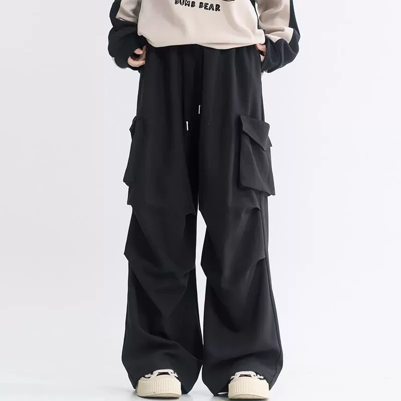 万有引力博物馆膝盖褶皱大口袋工装裤女春秋款裤子宽松休闲裤长裤