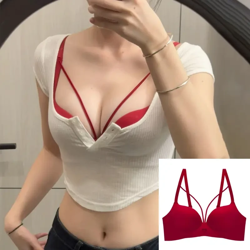 红色性感美背聚拢内衣女小胸显大无钢圈绑带挂脖文胸内搭纯欲无痕