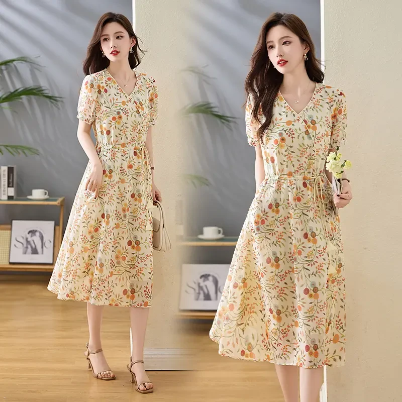 法式碎花优雅连衣裙女2025年夏季新款小个子收腰显瘦中长款裙子