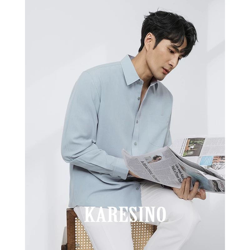 KARESINO男士高端莱赛尔休闲衬衫长袖免烫高级感白色衬衣外套春秋