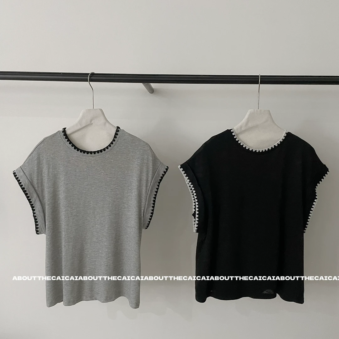 CAICAI飞飞袖镶边短袖T恤女韩系简约夏季休闲宽松透气上衣2564