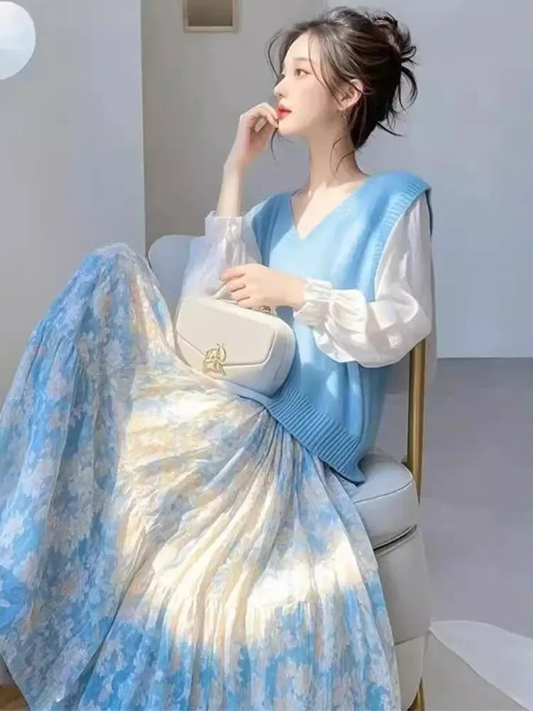 2025秋季新款韩系慵懒风穿搭蓝色假两件上衣高腰碎花半身裙套装