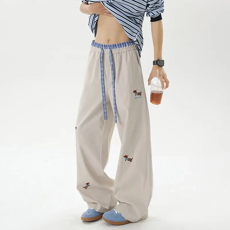 美式腊肠狗印花拼接卫裤男春季痞帅穿搭弯刀运动裤潮牌宽松休闲裤