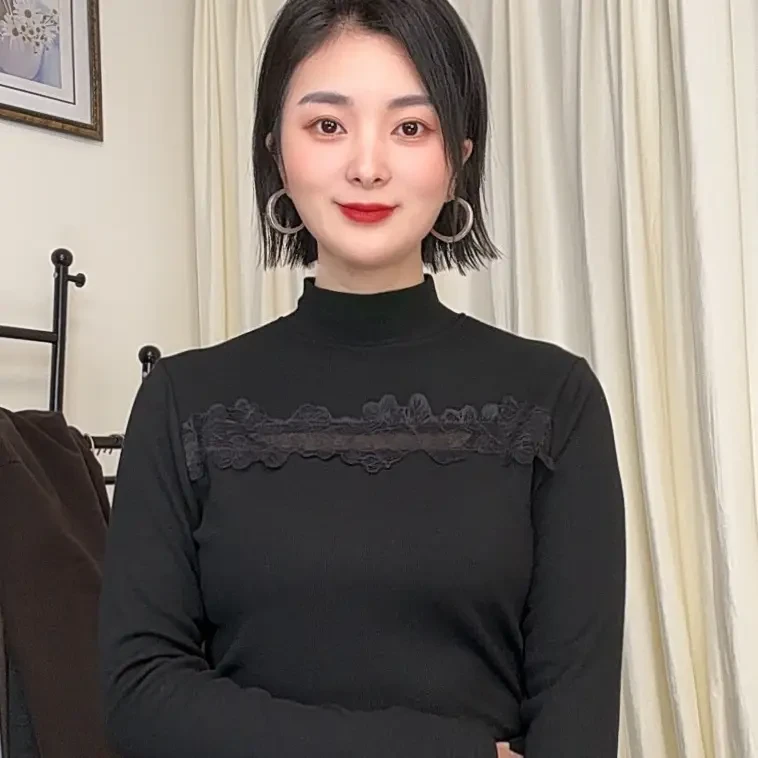 秋冬韩版蕾丝花边长袖拼接镂空设计感针织衫女打底内搭毛衣