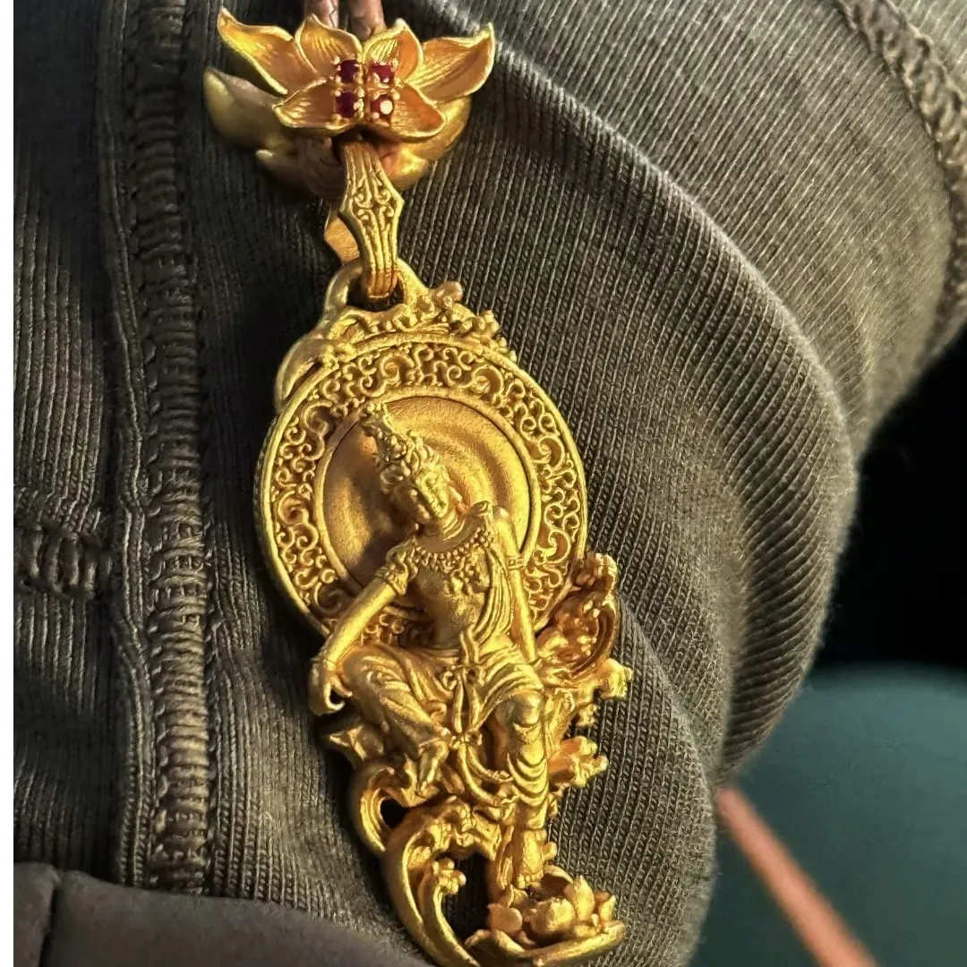 铜合金吊坠 敦煌风自在观音随身佛吊坠项链立体金色新中式锁骨链