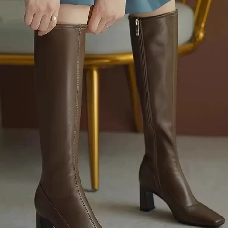羊皮长靴女秋冬胖mm粗腿显瘦纯皮加绒高跟鞋小个子棕色高筒靴子女