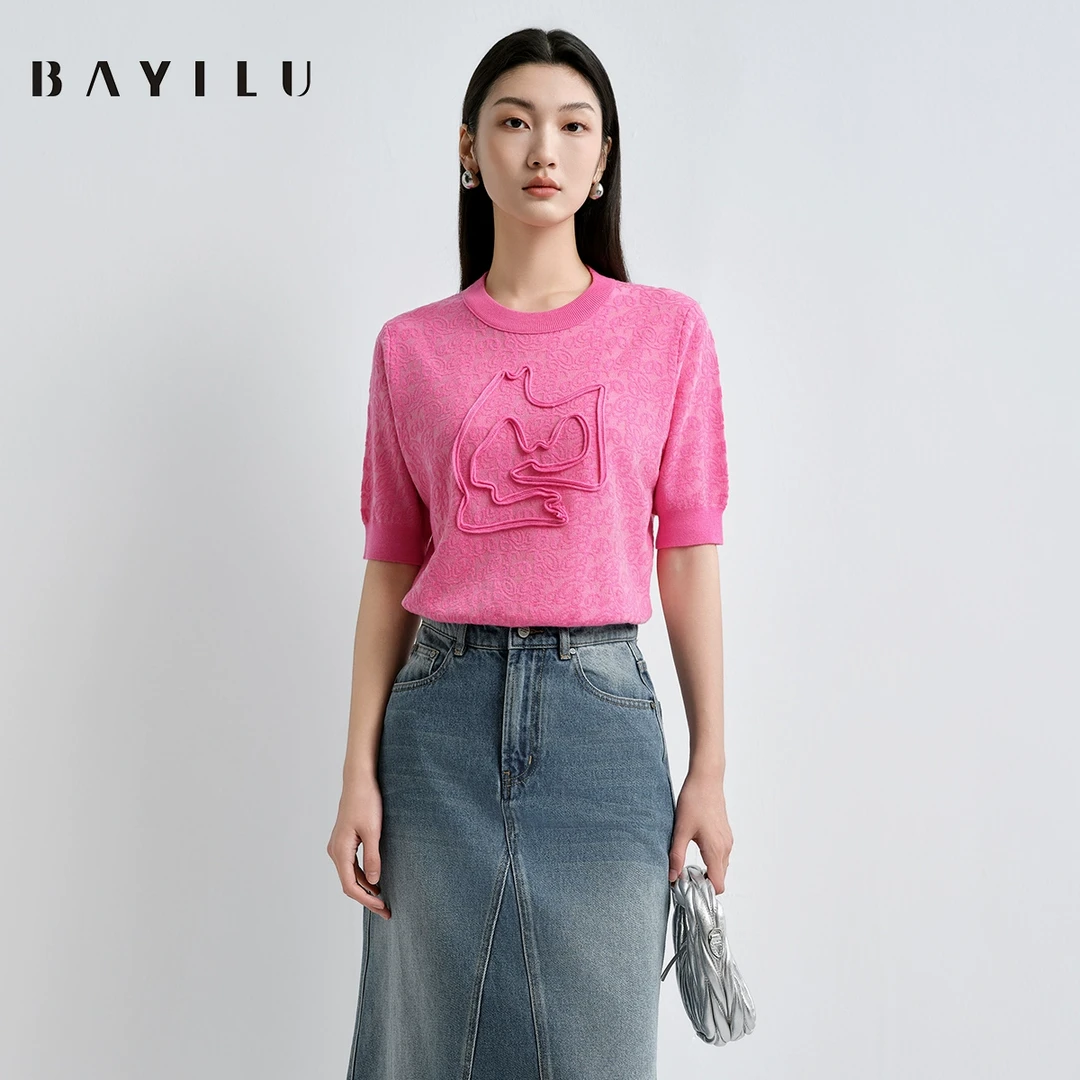 【丽姐】芭依璐2025春季短袖毛衣女提花T恤针织上衣91S0718
