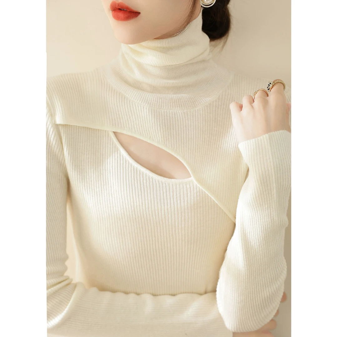 时尚套头堆堆领针织内搭长袖针织衫女装镂空设计纯欲风毛衣打底衫