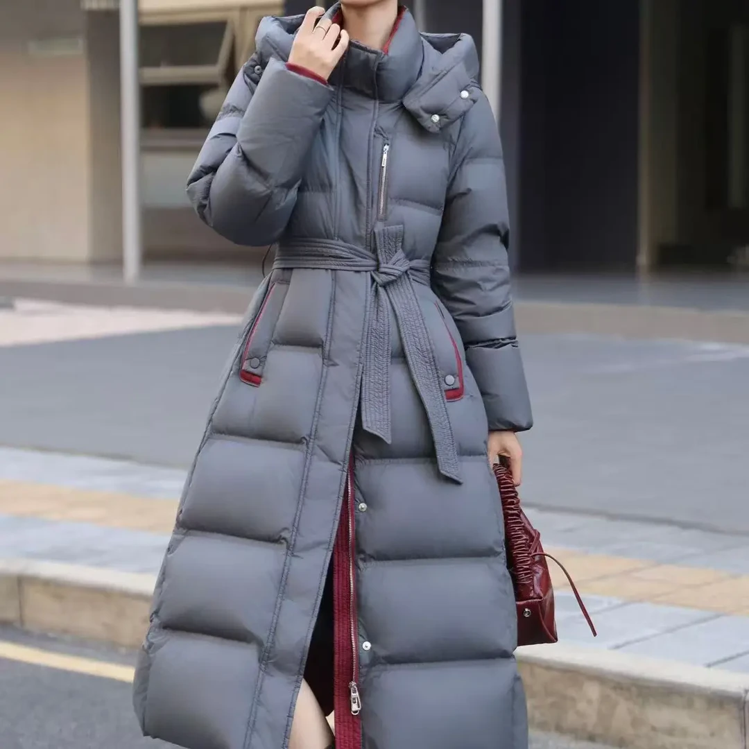 冬季新款白鸭绒连帽加厚保暖长款收腰修身外套女