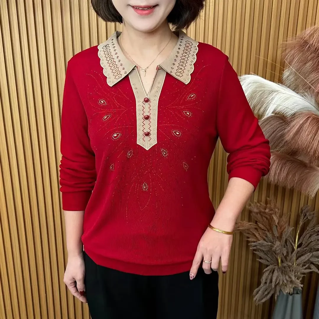 2025春季新款时尚撞色翻领烫钻显瘦百搭洋气妈妈装长袖上衣 A1287