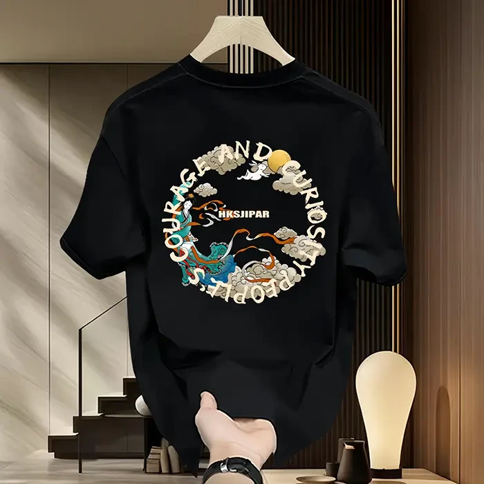 【高品质男装】夏季新款重磅短袖国潮印花宽松休闲小众潮牌男士上衣