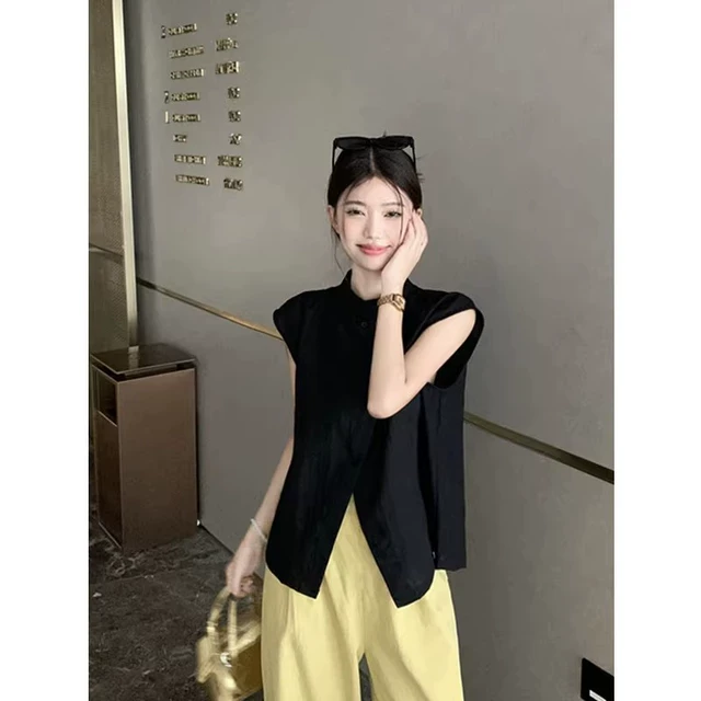 黑色国风立领无袖衬衫女夏季设计感不规则开叉别致小衫新中式上衣