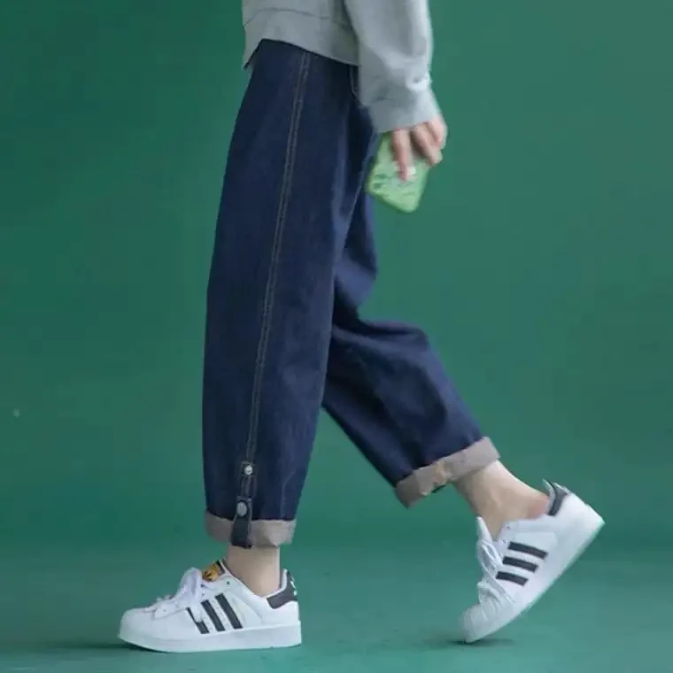 设计感小众加绒九分牛仔裤女春秋季大码胖妹妹mm显瘦宽松阔腿裤潮