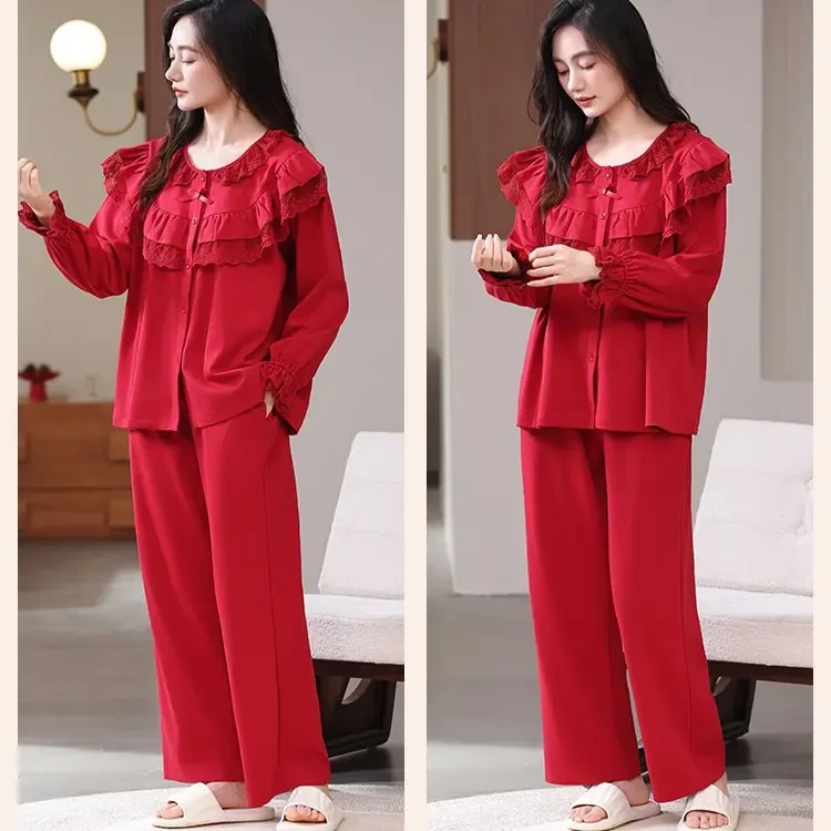 女士大红色本命年春秋长袖纯棉睡衣公主风家居服雷丝花边高端睡衣