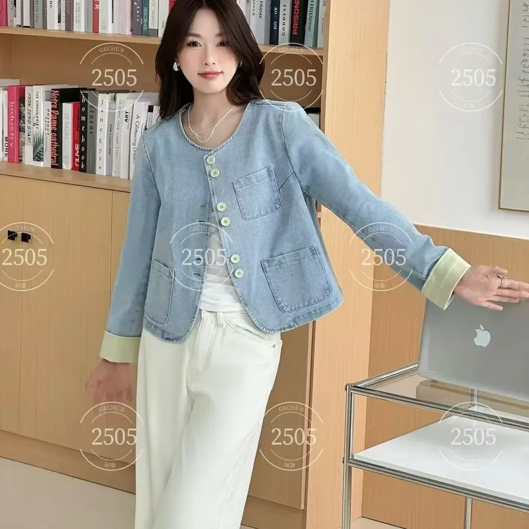 纽扣上衣短款开衫长袖蓝色短外套时尚圆领春季韩版包袖女春秋