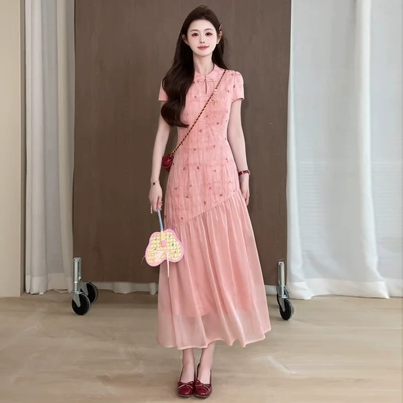 新中式国风气质连衣裙女夏季2025年新款收腰大摆裙显瘦假两件裙子
