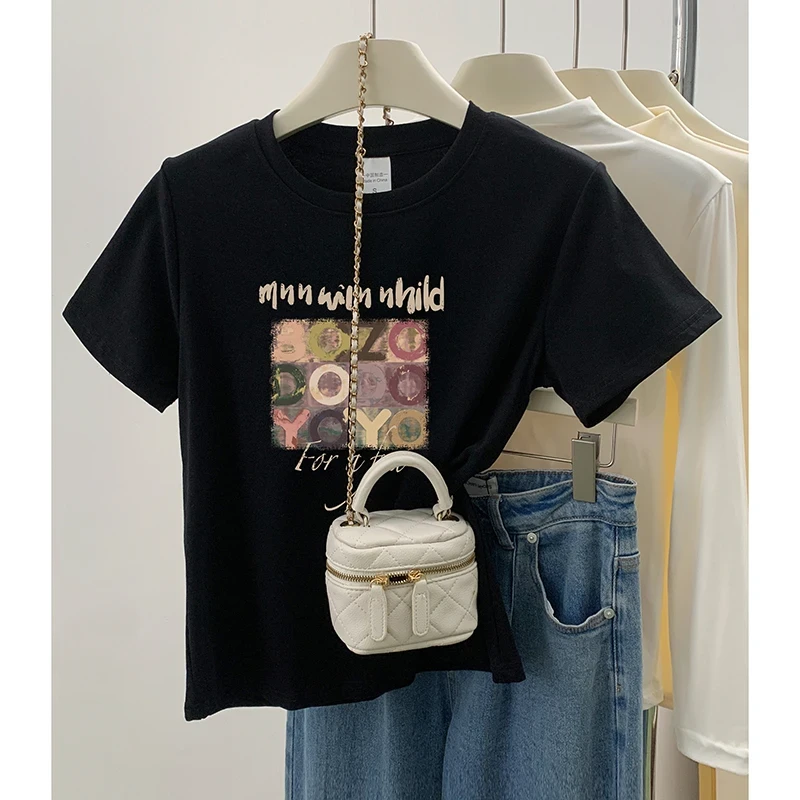 圆领正肩短袖T恤女夏季新款韩版显瘦时尚休闲洋气设计感印花上衣