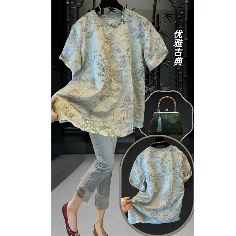 夏季胖妹妹大码宽松显瘦设计感新中式提花刺绣圆领段短袖T恤上衣