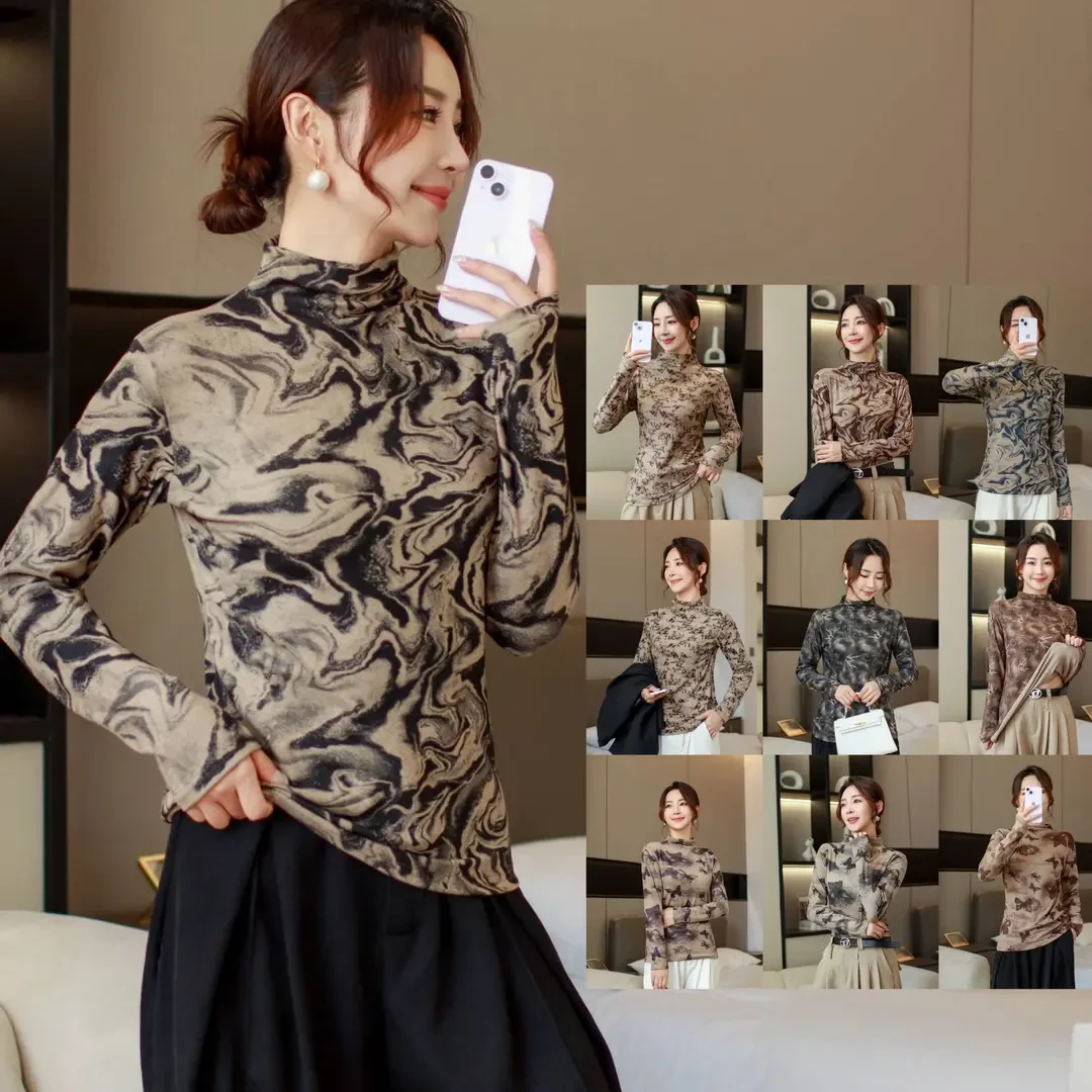 秋冬款国风江山如画保暖显瘦半高领时尚修身打底衫碎花春秋气质