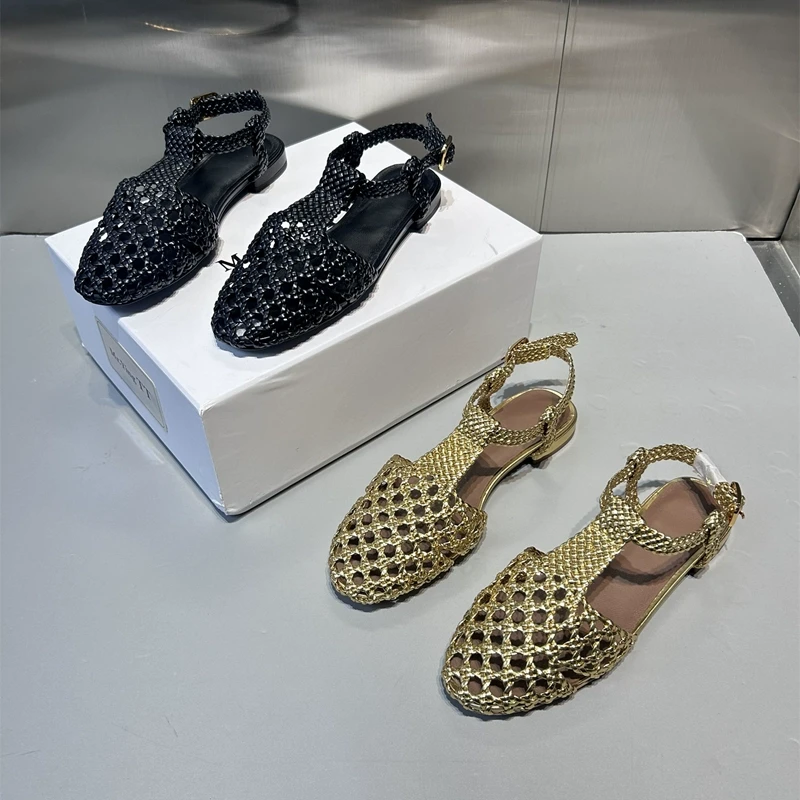 欧洲站女鞋2025夏款镂空网透气丁字扣玛丽珍鞋复古低跟包头凉鞋女