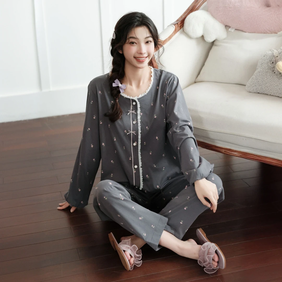 芬腾新款女士卡通可爱甜美睡衣春秋季长袖长裤纯棉套装休闲家居服