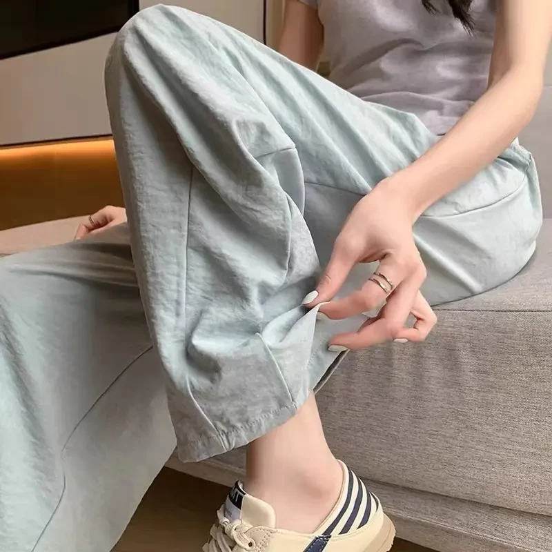 正品冰丝萝卜裤女薄款垂感宽松舒适休闲裤显瘦高腰外穿奶白小个子