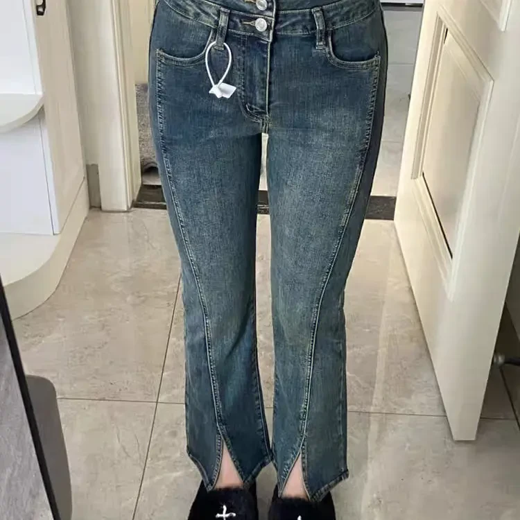 013复古蓝高腰宽松大码加绒弹力开叉微喇牛仔裤女秋冬适用