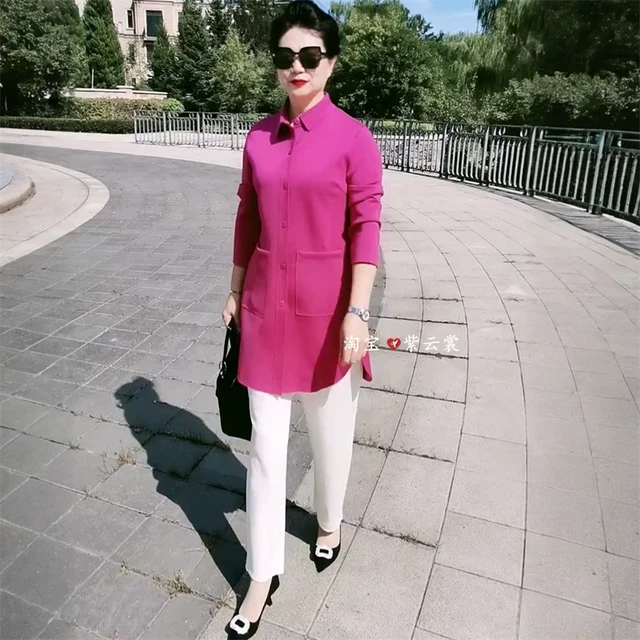 春秋宽松休闲空气棉弹力显瘦中年妈妈中长款纯色衬衣大码风衣外套