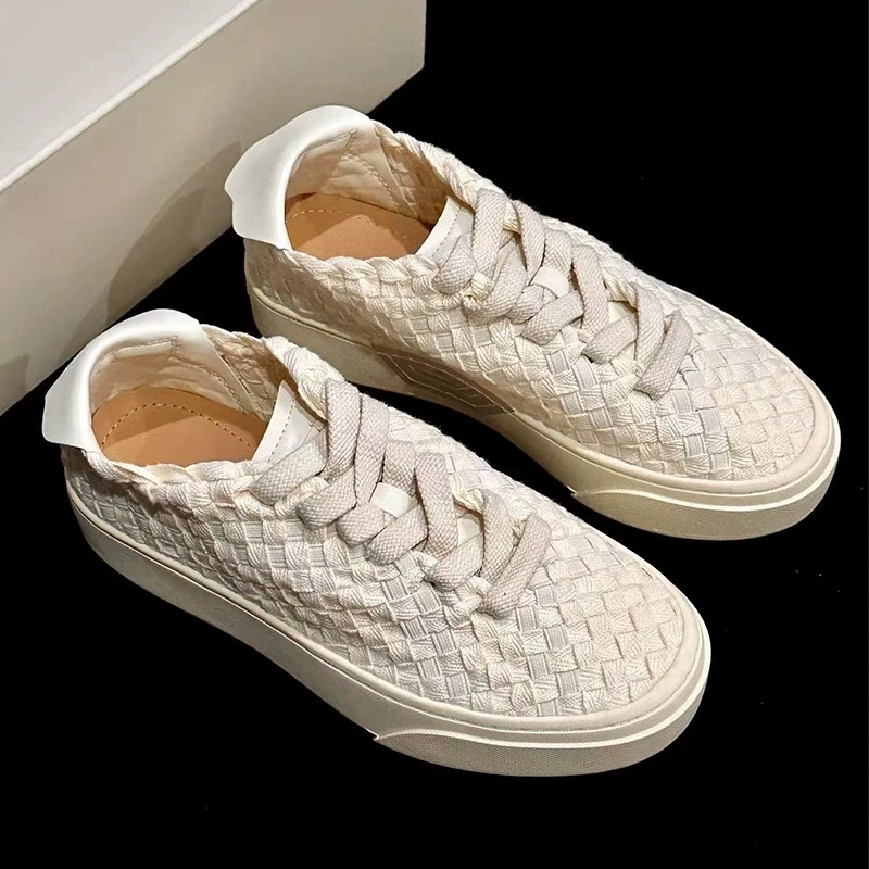足下工业手工编织板鞋男女2025新款透气休闲百搭白色帆布鞋鞋子