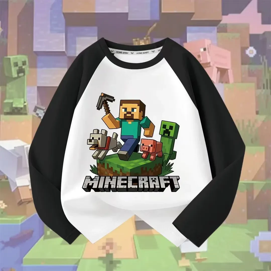 新款男童长袖插肩T恤女童春秋季儿童纯棉我的世界打底上衣