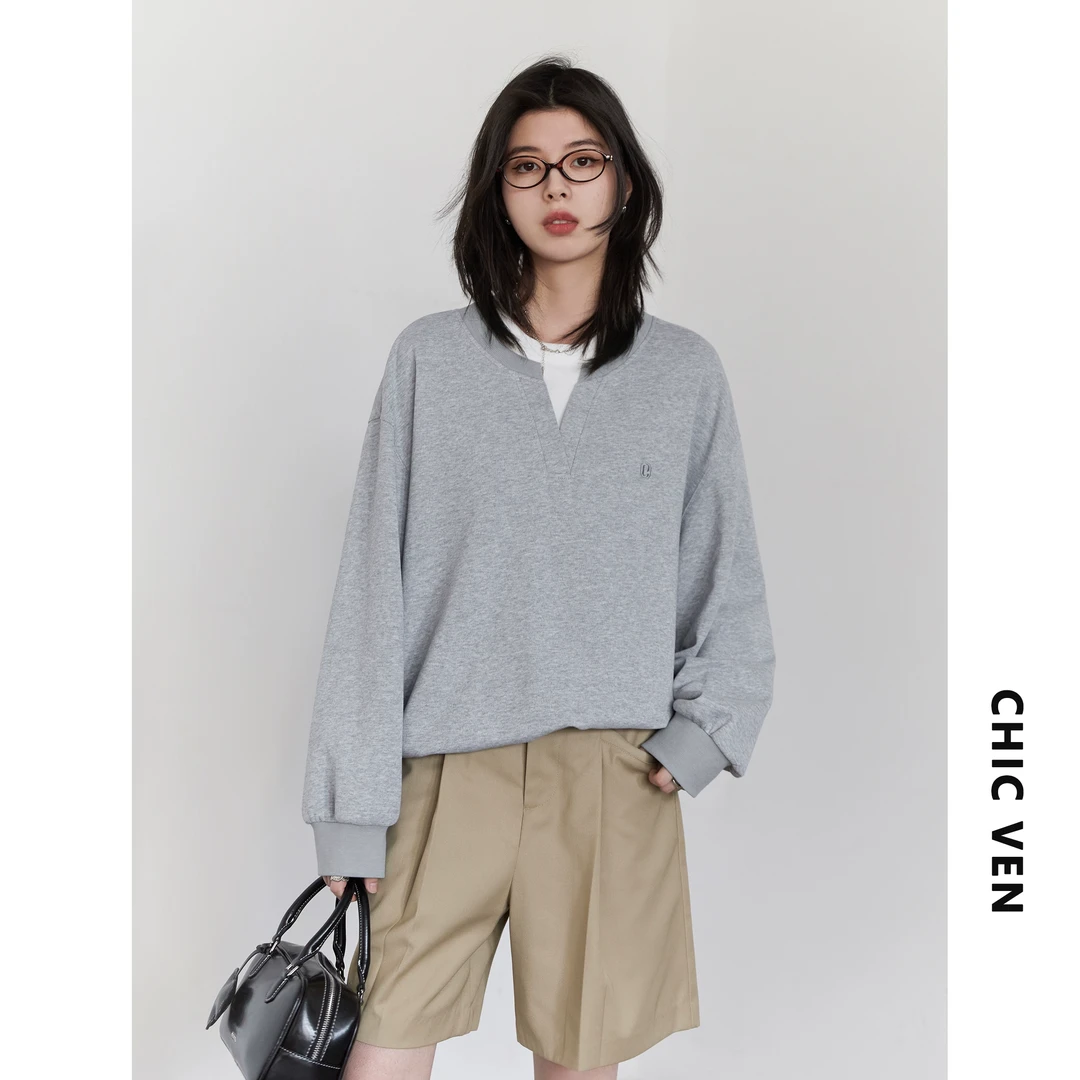 CHICVEN春季新款韩系拼接假两件刺绣卫衣情侣款上衣125CS20144