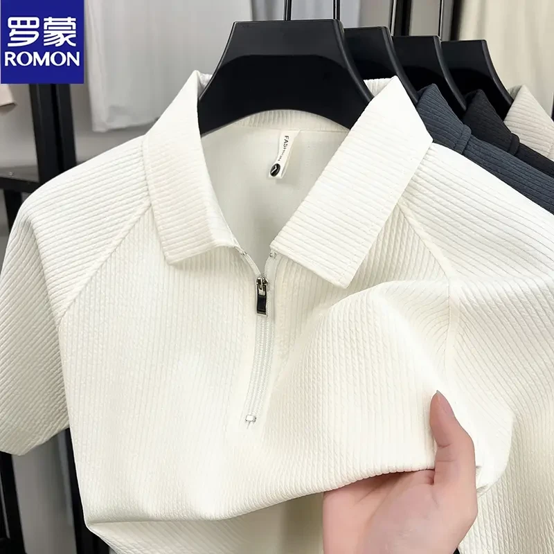 罗蒙2025夏季新款男士短袖polo衫拉链领T恤休闲百搭纯色半袖体恤