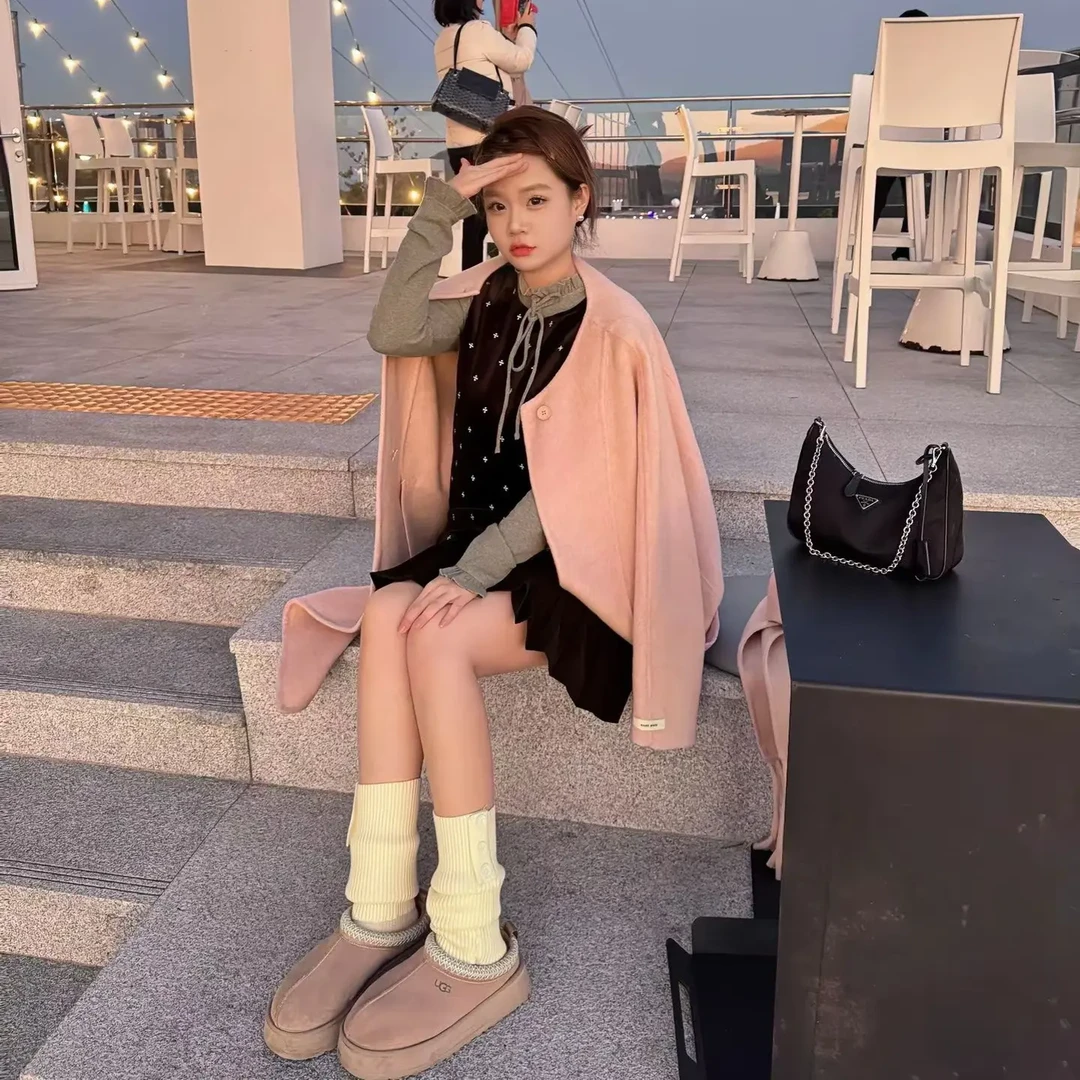 粉色外套女秋冬新款宽松显瘦小个子气质百搭呢子大衣外穿