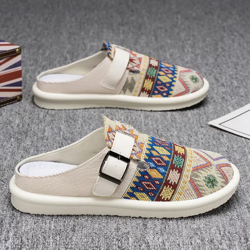 半拖鞋男夏季韩版潮流外穿拖鞋花色休闲布鞋一脚蹬无后跟懒人板鞋