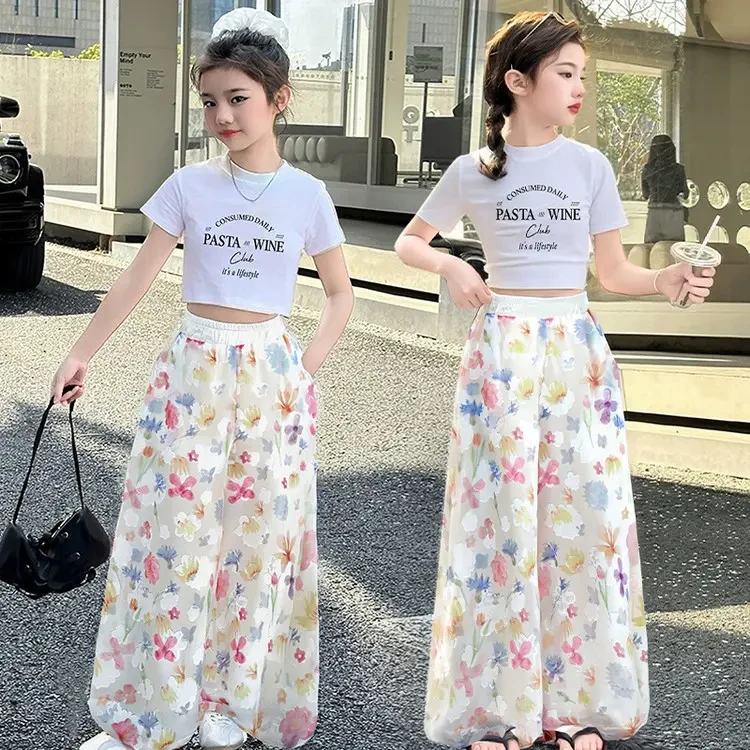 韩版亲子装甜美温柔碎花阔腿裤2025夏季新款高腰休闲长裤宽松裙裤
