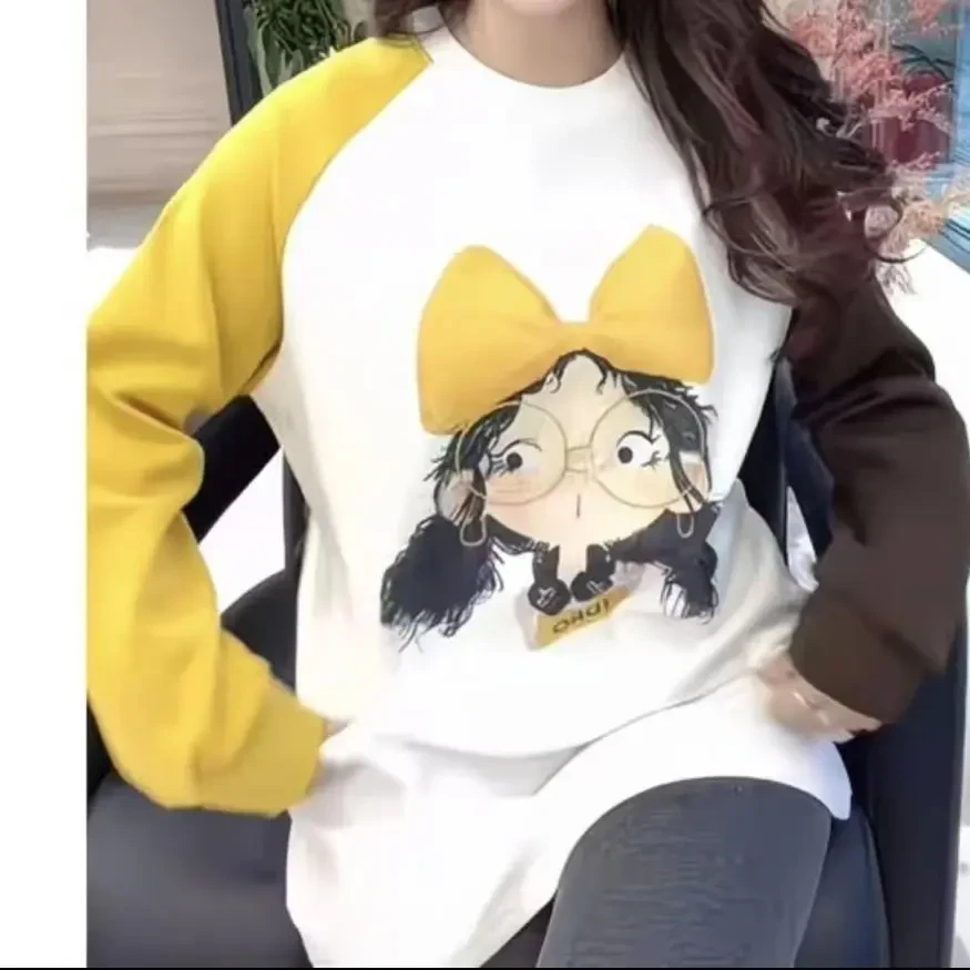 秋冬新款女孩印花拼色磨毛加厚时尚减龄宽松中长款长袖T恤上衣