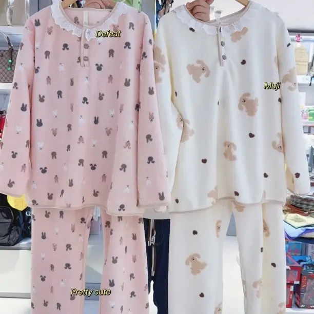 【精灵家】秋冬季透气显嫩圆领可外穿加绒女生卡通印花睡衣家居服