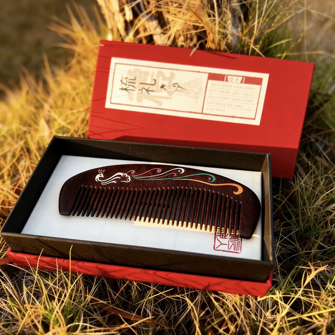 印度小叶紫檀檀香紫檀非遗丹青手工彩绘雀翎梳礼物送女士木梳
