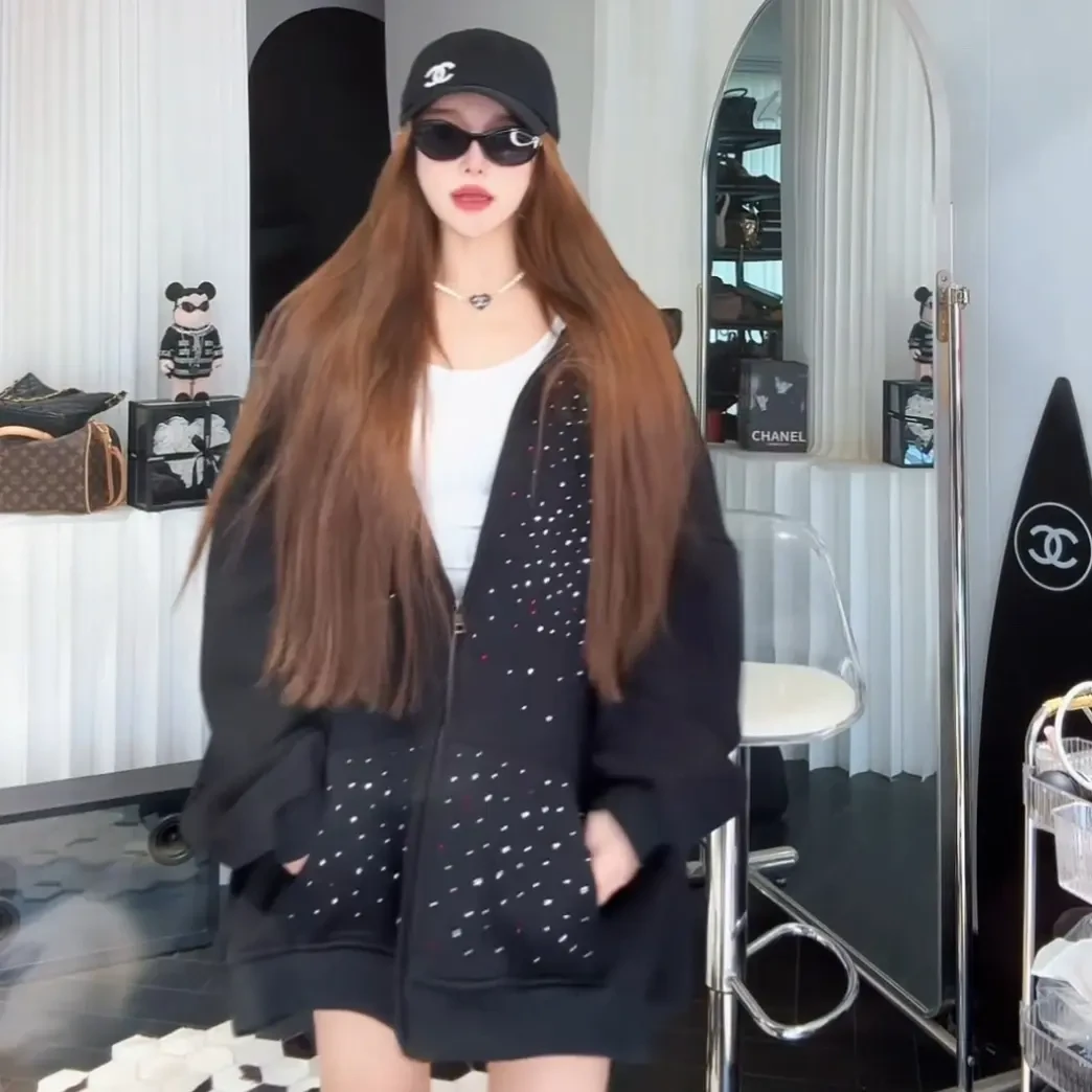 TITI.168长款长袖烫钻女复古港风连帽卫衣少女风拉链开衫款